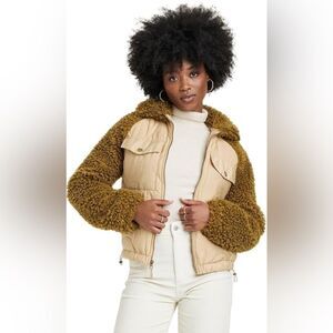 Universal Thread Women’s Tan Olive Quilted Full Zip Faux Fur Moto Jacket Medium